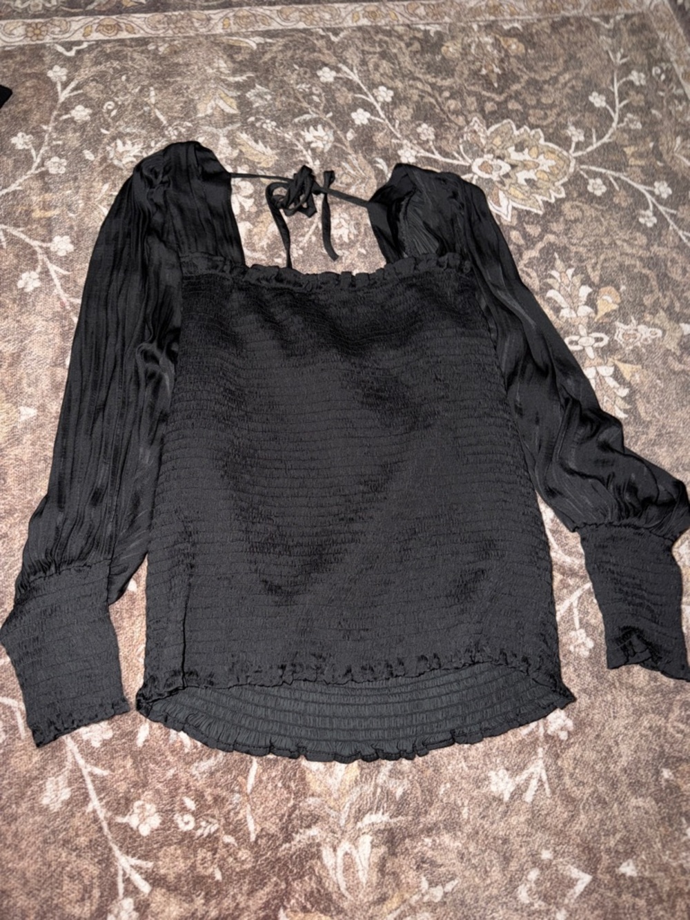 Black Smocked Long-Sleeve Peasant Top - Women